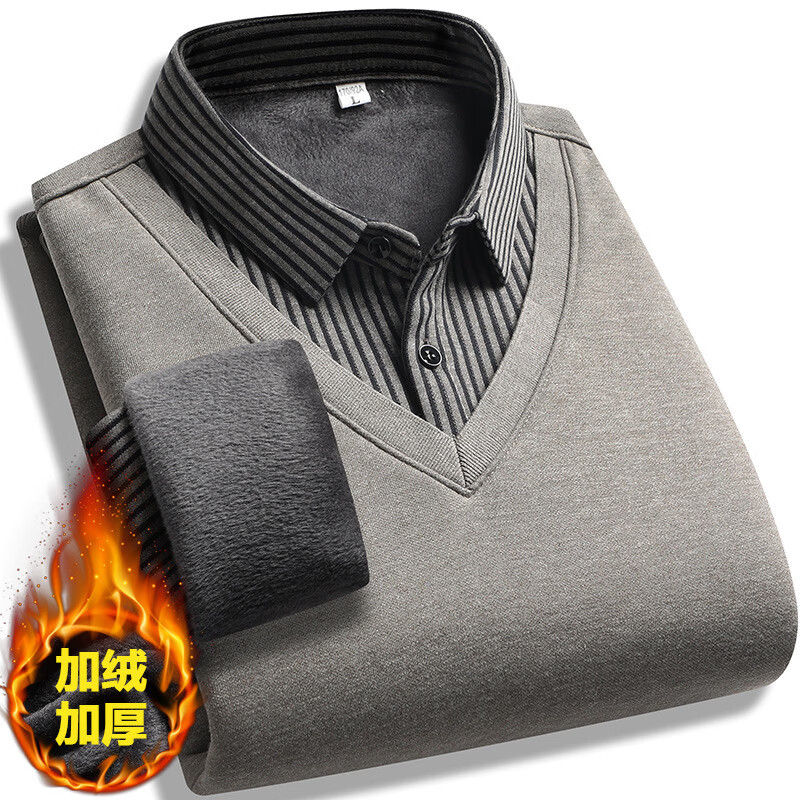 柯诗曼男士假两件毛衣男衬衫领针织衫男冬季加绒加厚线衣中老年衣服男装 浅灰色加绒加厚 XL 推荐130-150斤