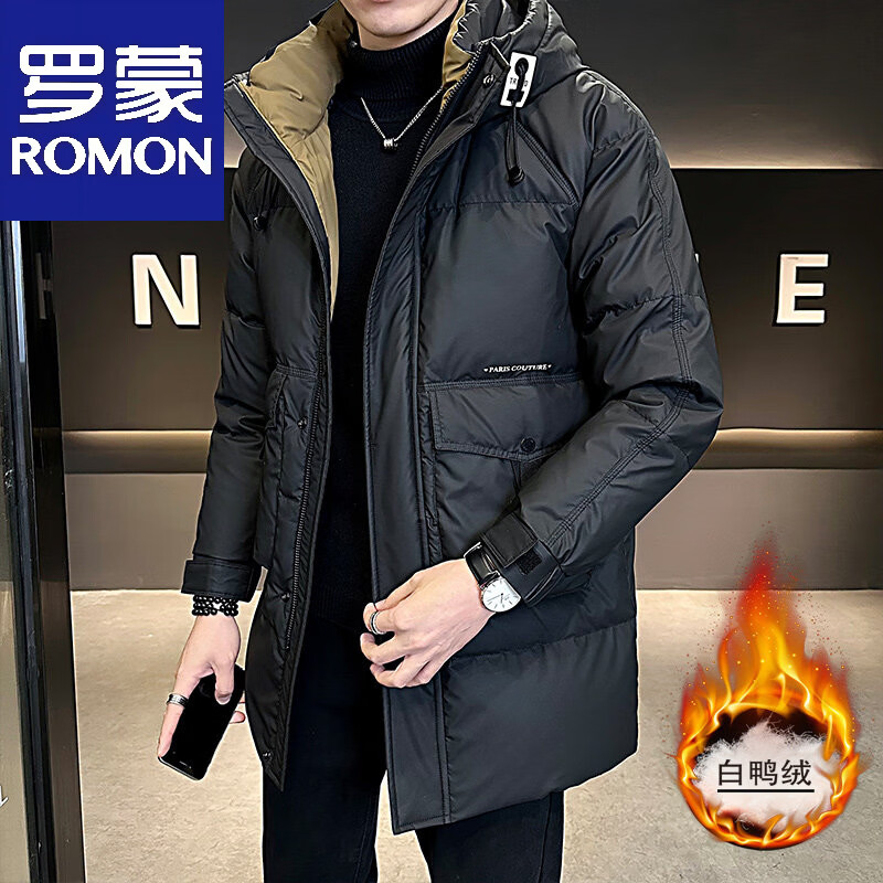 罗蒙羽绒服男冬季外套2025新款潮牌中长款连帽高端帅气保暖加厚冬装男 黑色 M 建议体重90-120斤