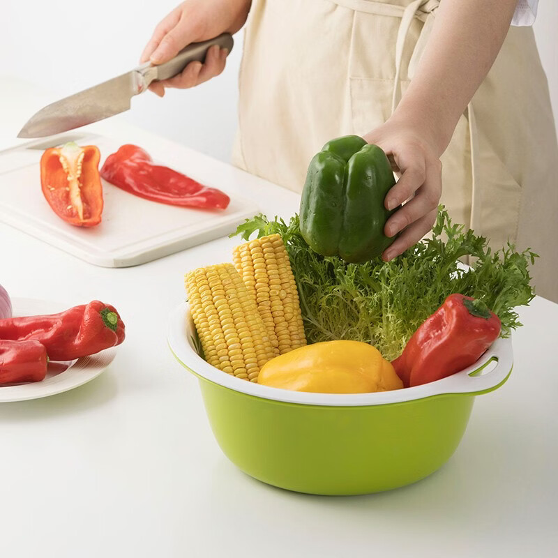 茶花【严选好物】厨房洗菜篮塑料水果盆双层沥水篮漏水果蔬筐淘菜盆滴 新款黄色