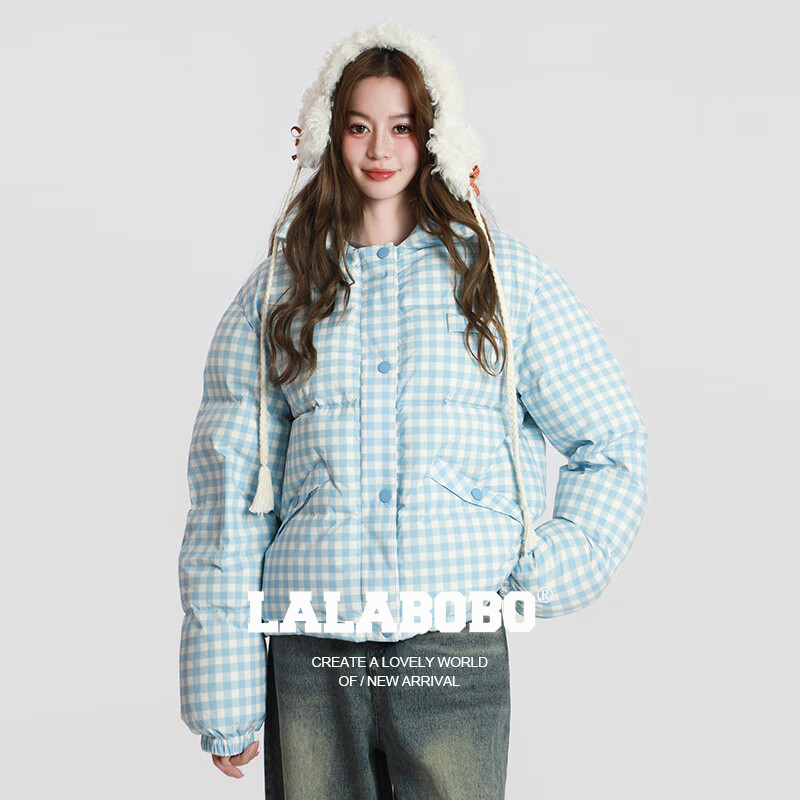 LALABOBO【商场同款】白鸭绒羽绒服25年冬新潮原创格子外套女RBED-WSYR16 深蓝 S