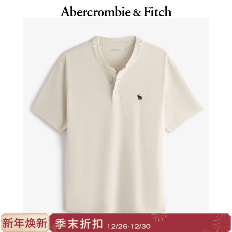 Abercrombie &amp; Fitch经典小麋鹿图案男装25夏季美式重磅宽松亨利领短袖T恤 奶油色 L (180/108A)尺码偏大