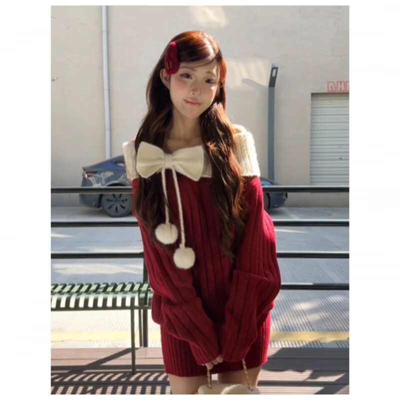 园翌圣诞穿搭红色一字肩长袖连衣裙女秋冬季内搭针织毛衣裙包臀短裙子 红色 【巨好看的秋日连衣裙/重要场合漂亮连衣裙/独 S