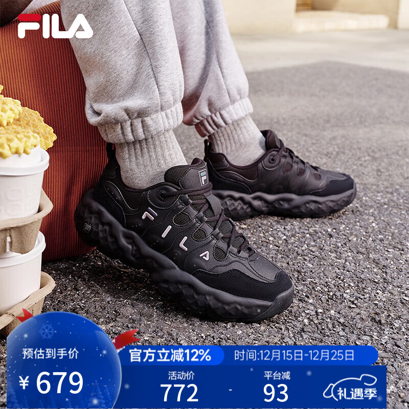 FILA易烊千玺同款|斐乐官方松饼鞋男鞋老爹鞋2025秋季新款鞋子休闲鞋 黑-BK 42