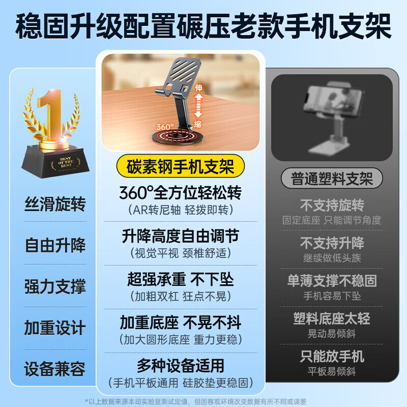 【甄选直发】【升级碳素钢】手机支架桌面ipad平板懒人支架可升降旋转折叠调节床头游戏网课追剧多 【可升降】旋转折叠|超稳固|黑色