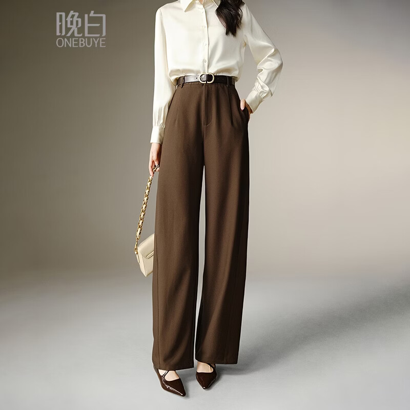 晚白【新品】2026春款经典高腰显瘦气质通勤阔腿裤【不含腰带】 深咖色 26