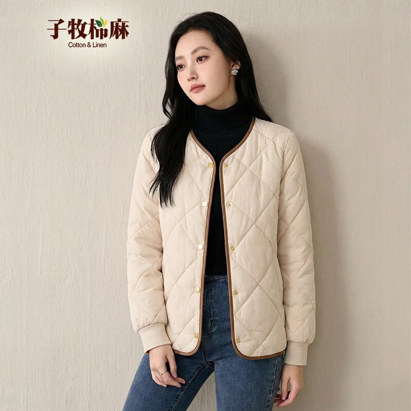 子牧棉麻冬装 女韩系温柔风棉衣菱格棉服韩版宽松外套0904 米白色 M (建议90-105斤)