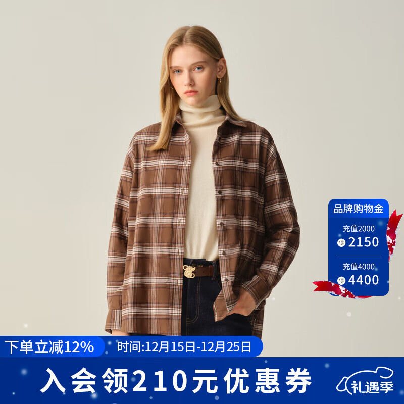 ELAND【100%棉】衣恋衬衫女气质翻领格纹长袖通勤上衣2025冬新款 棕色(85)Brown S /160 京东折扣/优惠券