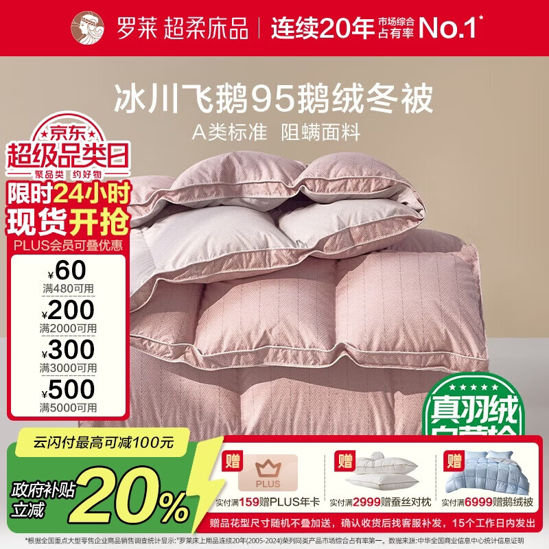罗莱家纺 羽绒被 A类95%水洗鹅绒被子保暖冬被芯 约5.2斤粉