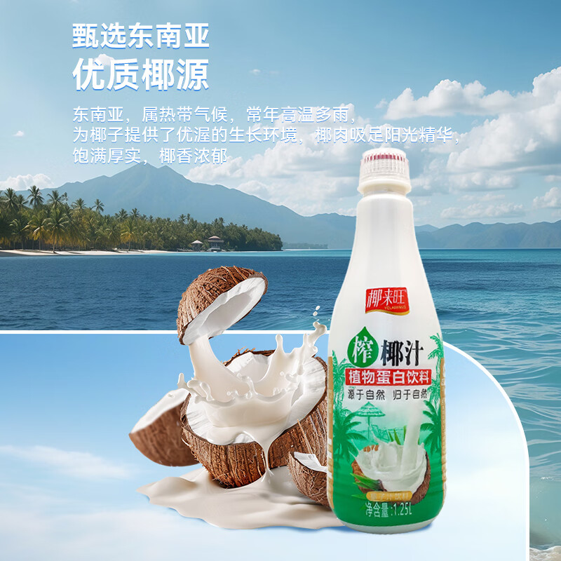 椰来旺进口鲜椰压榨汁椰汁果肉植物蛋白无添加低糖低卡椰子汁风味饮料 椰子汁1.25L*6瓶整箱装（方盒）