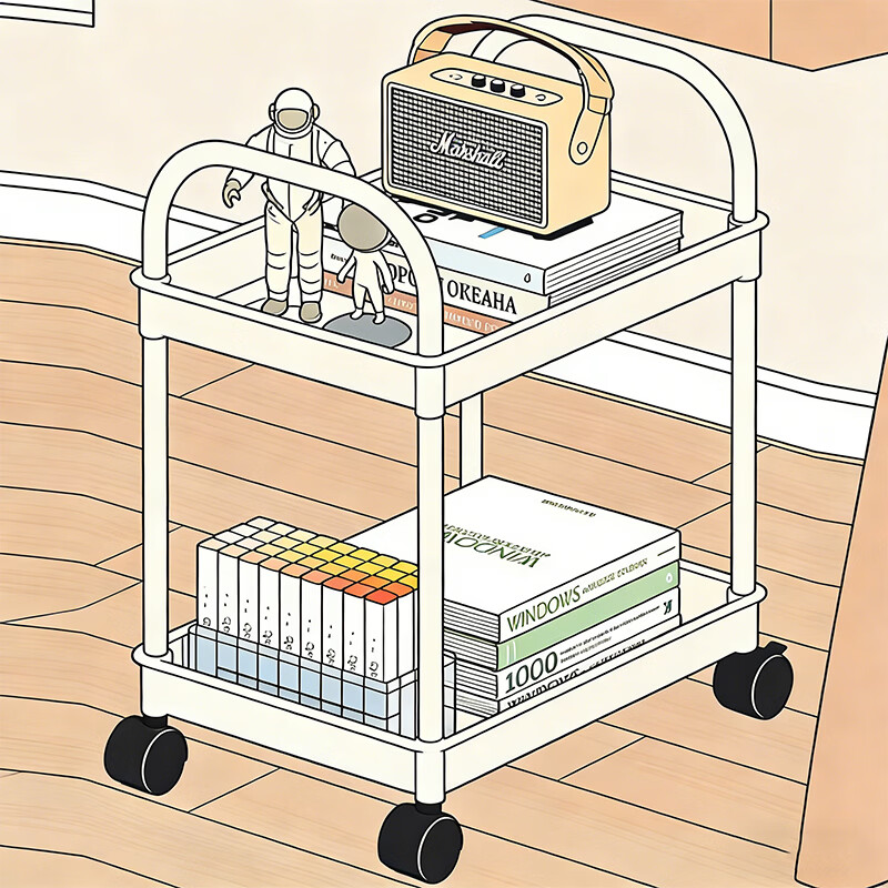 尔思家书架立式落地桌边置物架可移动夹缝带轮收纳架客厅靠墙多功能架 白色两层