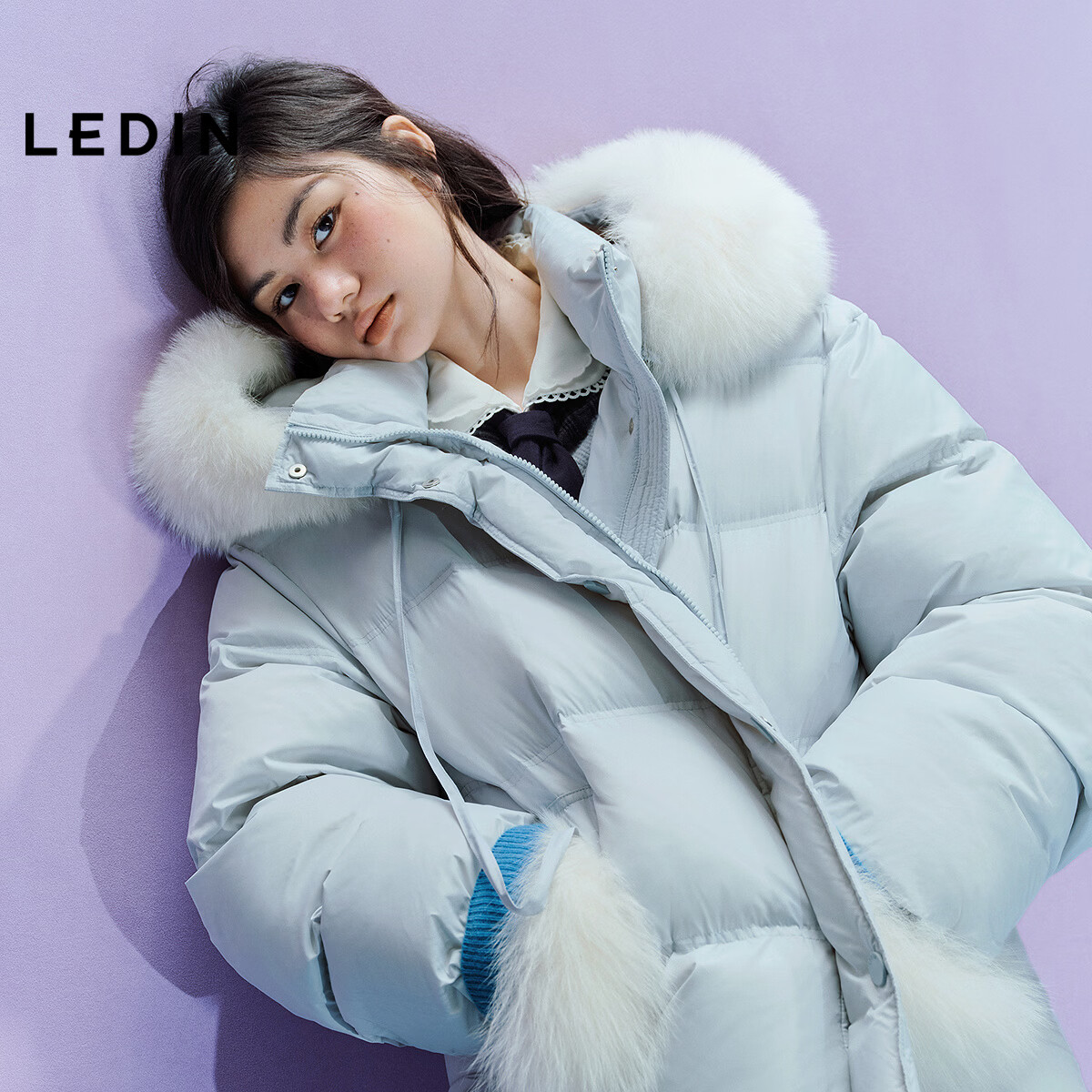 乐町【商场同款】狐狸毛羽绒服女装带手套保暖柔软外套C1ACF4401 蓝2 S