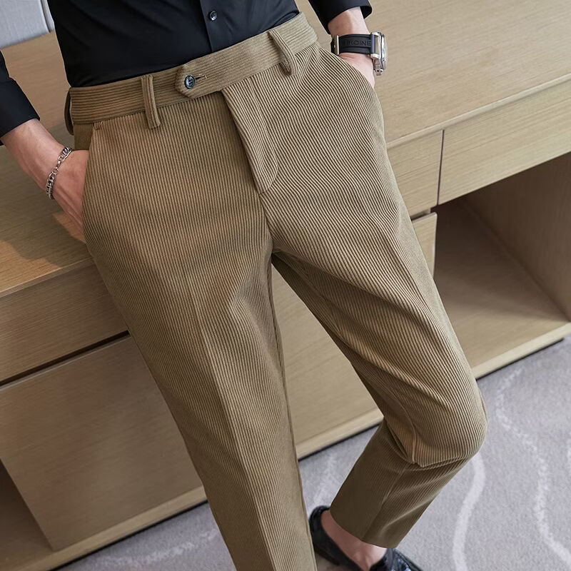 灯芯绒西裤男秋冬加绒新款高级感男裤商务修身直筒休闲西装裤子 卡其色[加绒] 36（2.8尺） 均码