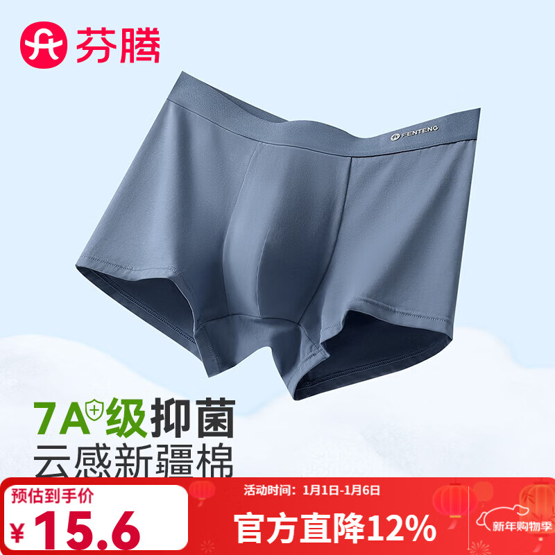 芬腾内裤男士【7A抑菌裆】95%棉不卡裆透气四角平角裤1条装 灰兰 1条 XL