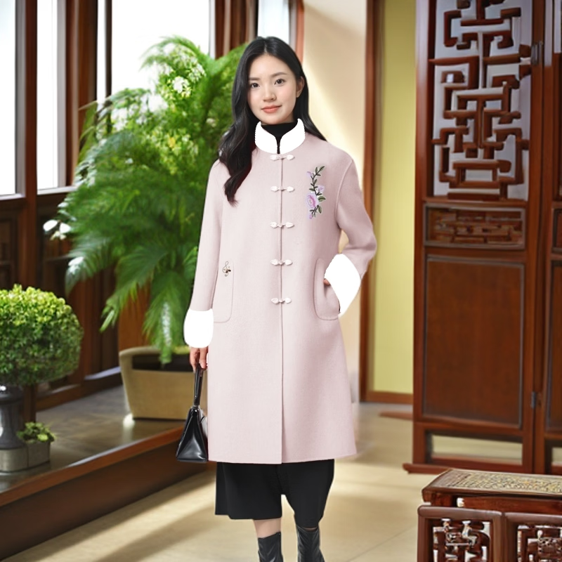 2025秋冬新款冬季双面毛呢大衣妈妈大衣羊毛宽松长款外套专利产品 红色2， 厚款， 喜欢胸花下单请备注 2XL (170) 建议净胸围96在毛衣外穿 京东折扣/优惠券