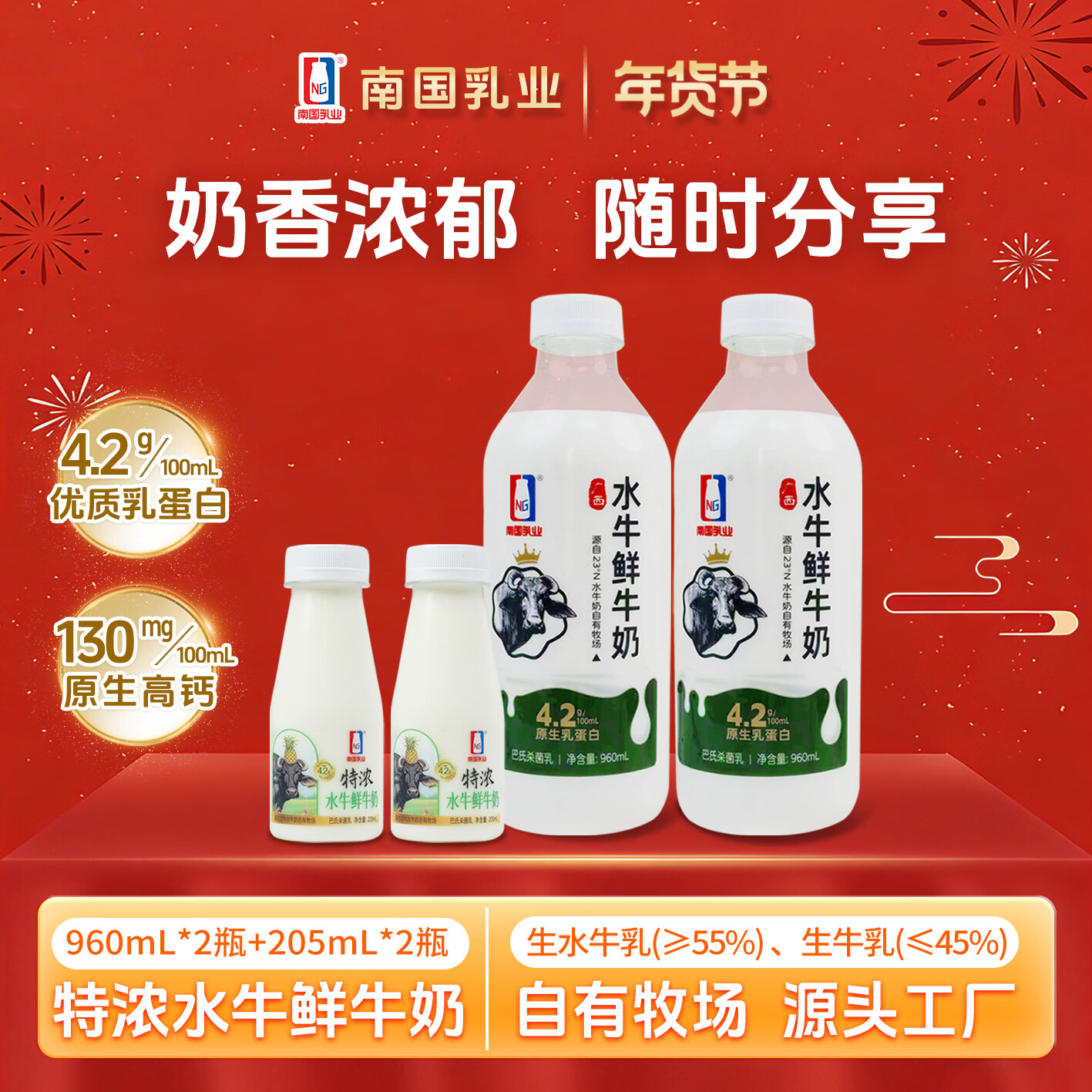 南国乳业4.2g乳蛋白 水牛鲜牛奶960ml瓶 巴氏杀菌乳 低温水牛奶源头直发 960ml*2瓶+205ml*2瓶
