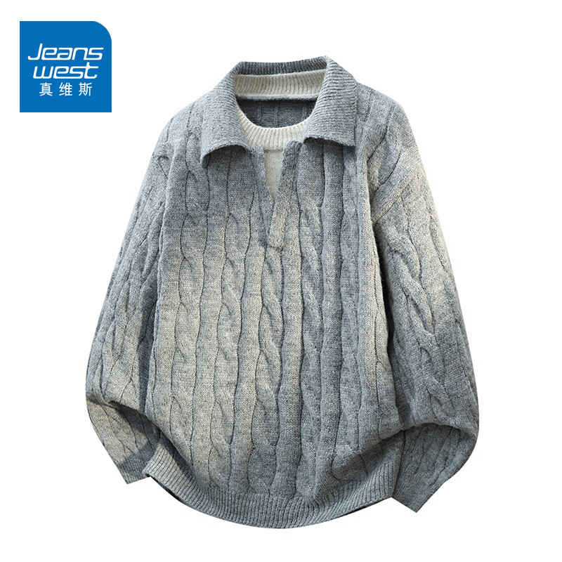 真维斯（Jeanswest）2026毛衣冬季男士假两件翻领长袖针织打底衫潮流时尚百搭休闲上衣 浅灰 【柔软舒适】 3XL 推荐150-165斤