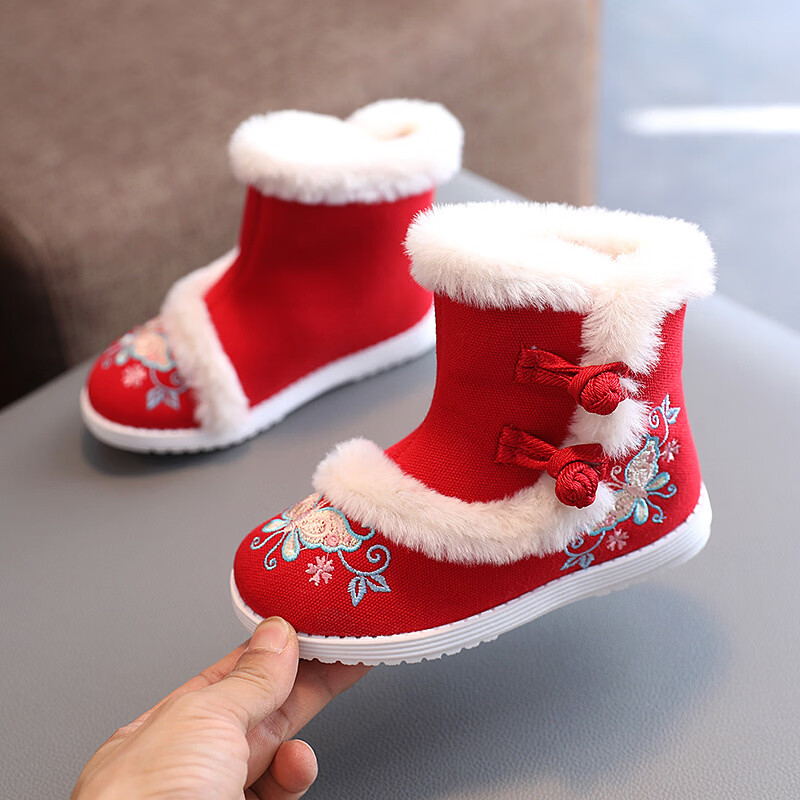 【厂家直供】冬季女童汉服鞋子老北京布鞋古风儿童绣花鞋加绒短靴 白色A5163 36 码/内长22.3cm