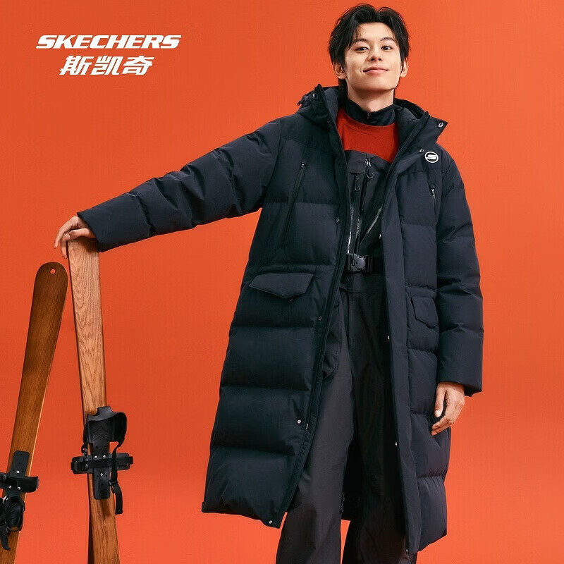 斯凯奇（Skechers）2024冬季新款羽绒服长款鸭绒防水轻盈保暖外套抗静电面包服男 碳黑/0018 L