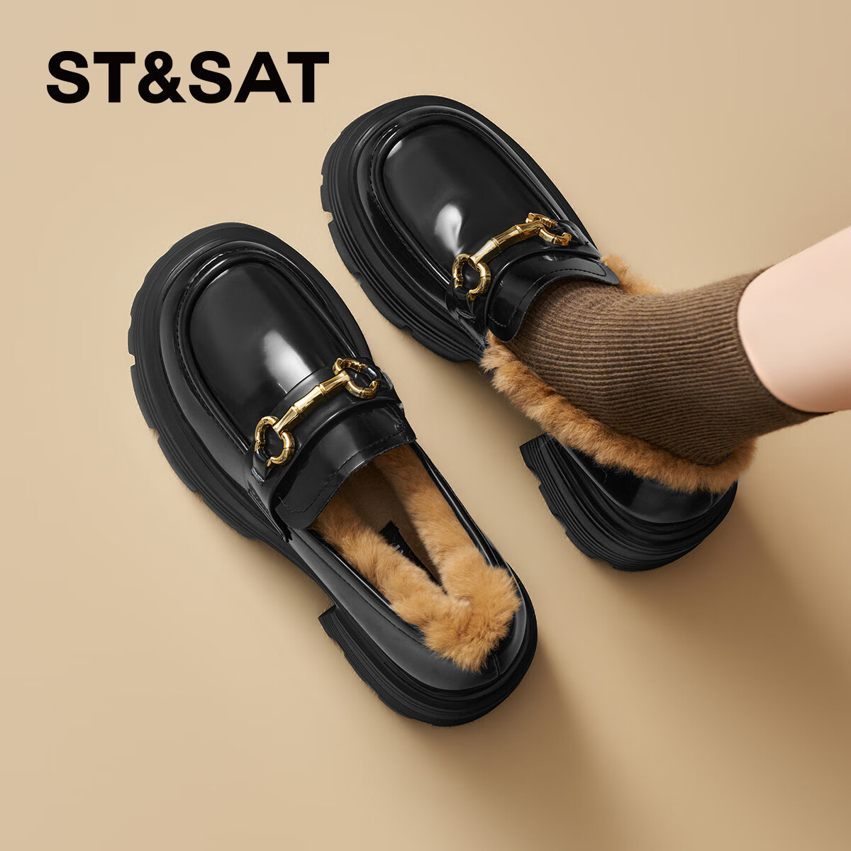 星期六加绒乐福鞋女2025新款冬季加厚保暖黑色小皮鞋厚底增高女鞋 黑色 【复古百搭】 35