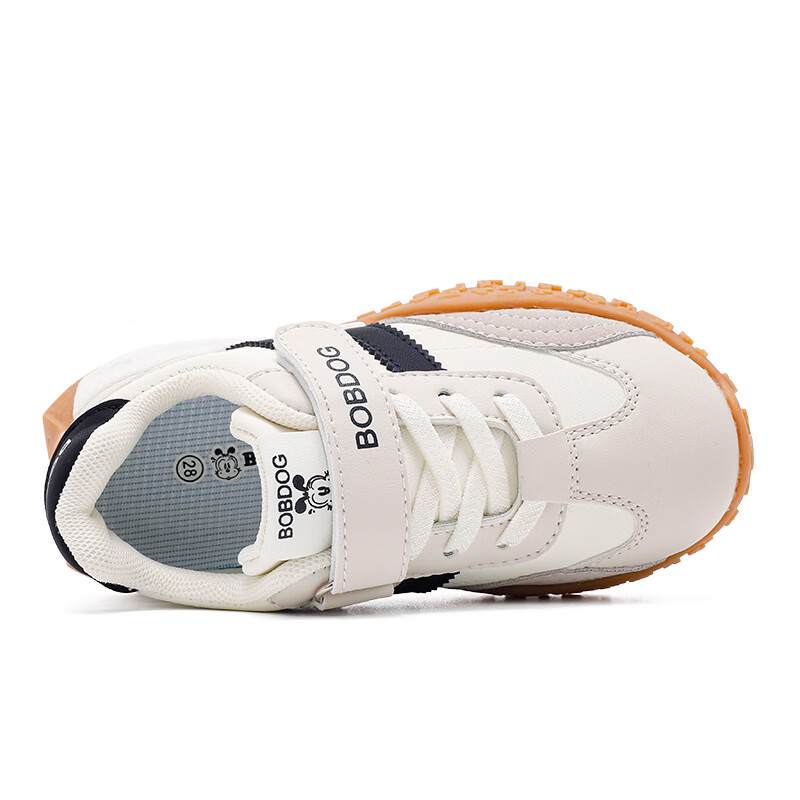 巴布豆（BOBDOG）童鞋男童2025冬季舒适百搭跑鞋加绒保暖二棉鞋低帮休闲二运动鞋女 米/黑53106(革面) 26 适合脚长15.6cm