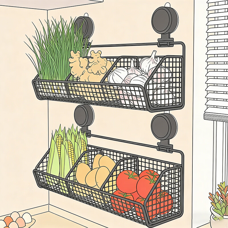 尔思家厨房置物架吸盘挂钩免打孔一排挂架葱姜蒜收纳盒壁挂式调味料架子 黑色三格