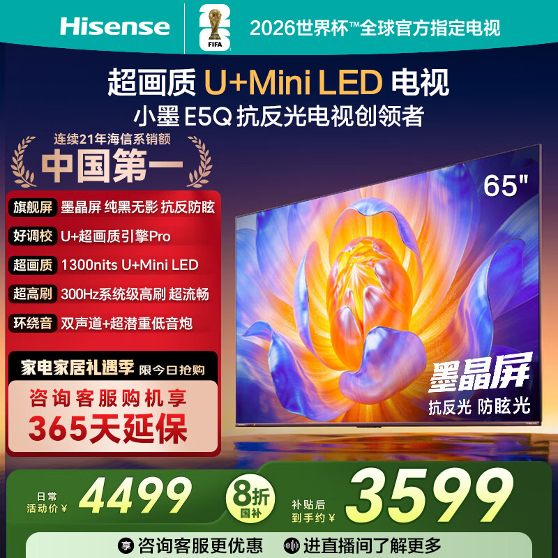 海信电视E5Q 65英寸 抗反光防眩光墨晶屏 U+Mini LED  300Hz高刷 U+超画质引擎Pro 国家补贴 65E5Q
