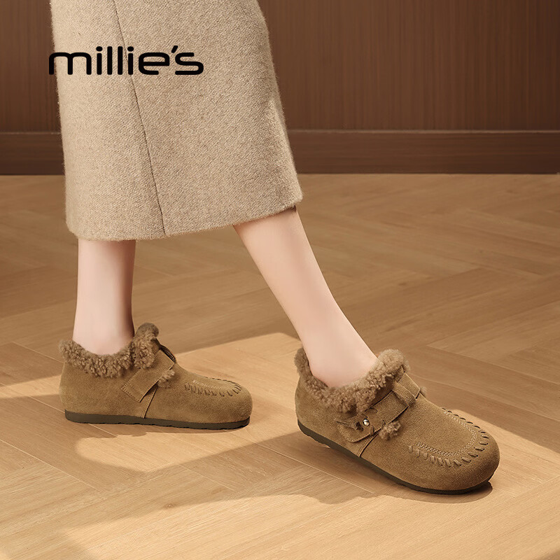 妙丽（Millies）勃肯鞋女低跟加绒时尚舒适休闲2025冬季新款百搭防寒保暖雪地靴 驼色 37 (235mm) 标准码
