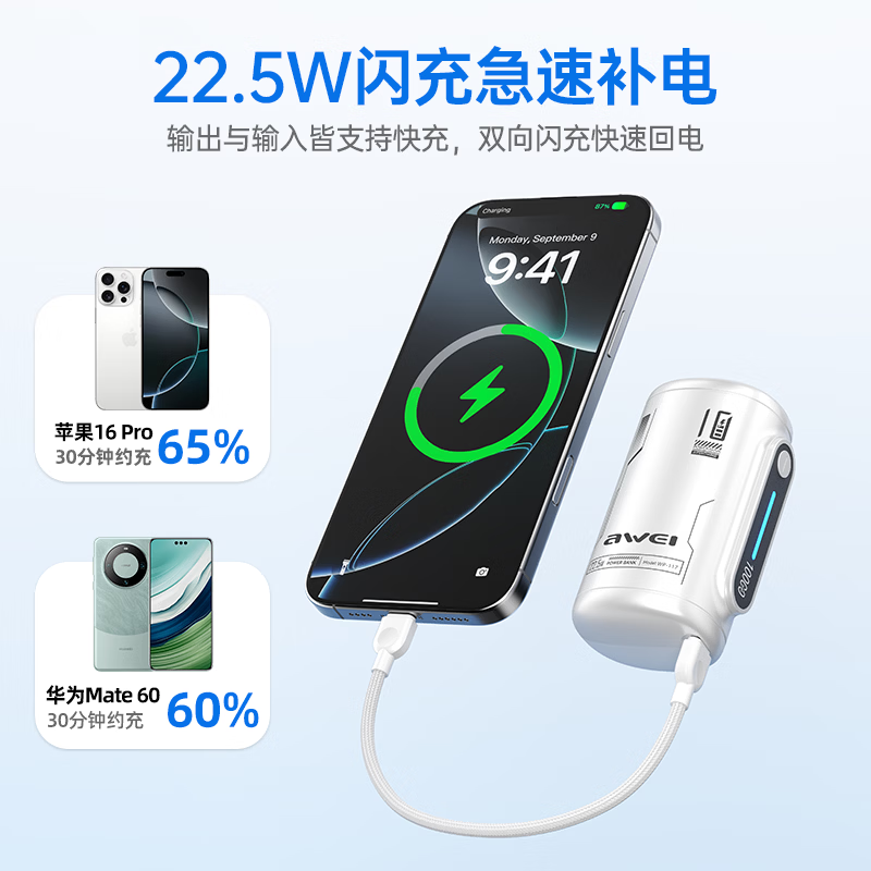 用维（AWEI）充电宝10000毫安大容量新款能量柱超薄迷你小巧快充移动电源适用苹果【国家3C认证可上飞机】 粉色【双向22.5W能量柱】送C-C挂绳线 10000mAh