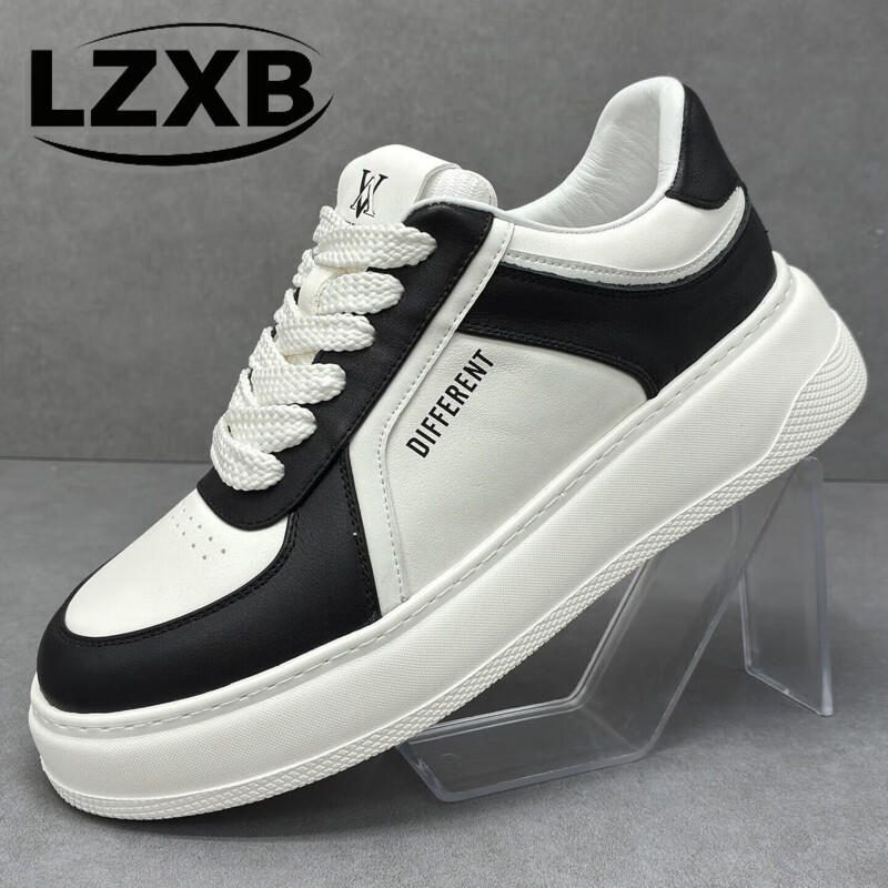 LZXB轻奢男鞋秋冬头层牛皮新款增高休闲鞋男品牌百搭防滑软底运动男鞋 白黑色【头层牛皮】 43 【标准皮鞋码】