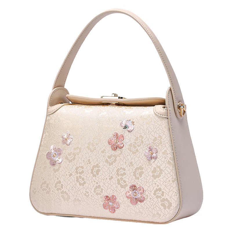 天煦新中式包包刺绣国风手提包牛皮单肩斜挎包旗袍包民族风优雅妈妈包 米白色-绫绢刺绣-送礼盒+礼品袋