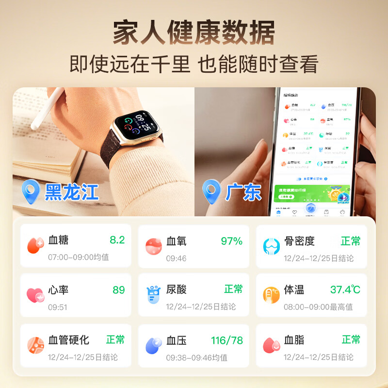 安顿智能手表手环血压血糖趋势监测手表心率血氧血脂心梗脑卒中预警手表送礼父母长辈节日礼物M5 全维版-男款+赠暖灰氟橡胶表*1