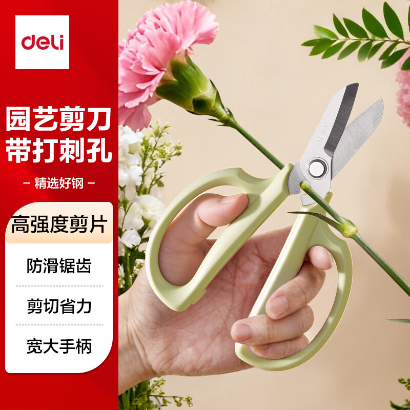 得力（deli）园艺剪刀修剪树枝花艺盆栽剪家用鲜花插花专用剪刀绿箩绿植花卉果树直刃165mm TJ52绿