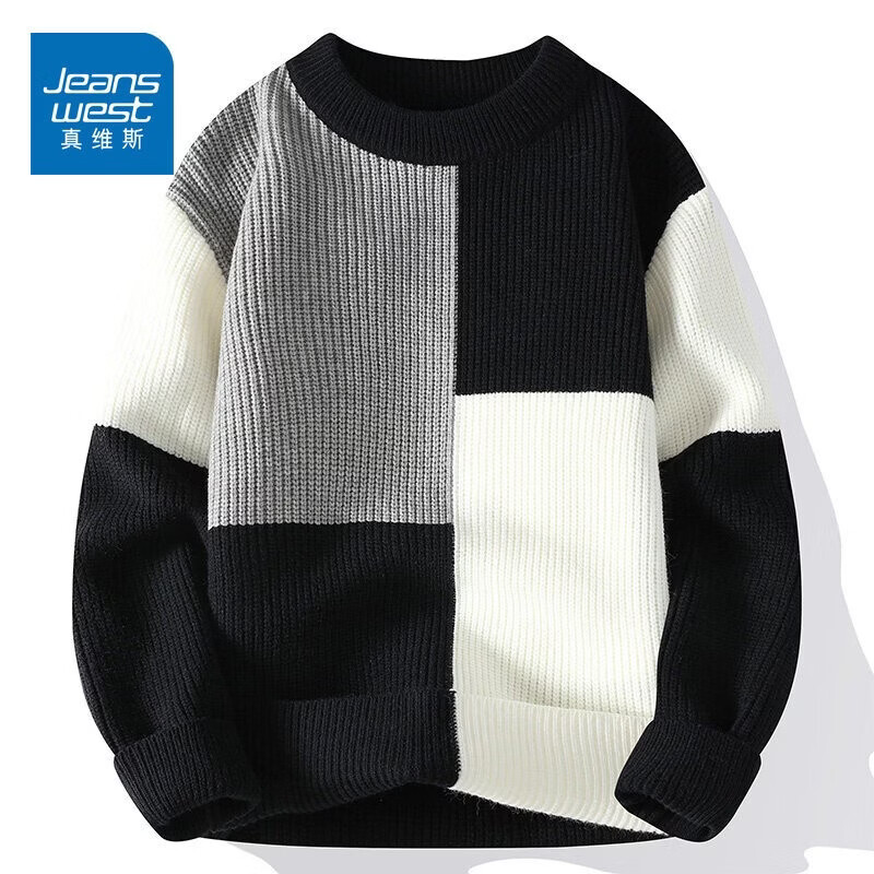 真维斯（Jeanswest）2026新款秋冬男士毛衣高级感圆领撞色拼接长袖上衣休闲打底针织衫 黑色 【柔软舒适】 M 推荐90-105斤