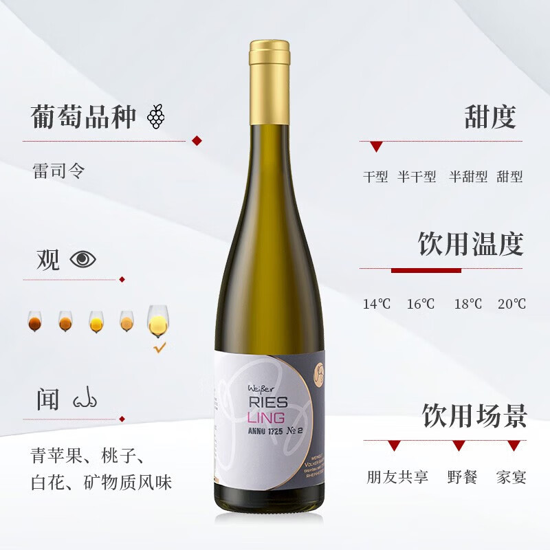 沃尔克巴斯（Volker Barth）红酒 德国原装进口高档葡萄酒 雷司令干型单瓶750ml【香桃果味】