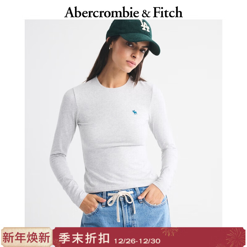 Abercrombie &amp; Fitch小麋鹿图案美式修身打底内搭长袖T恤25秋冬新款女装139-5847 浅灰色 M (165/96A)