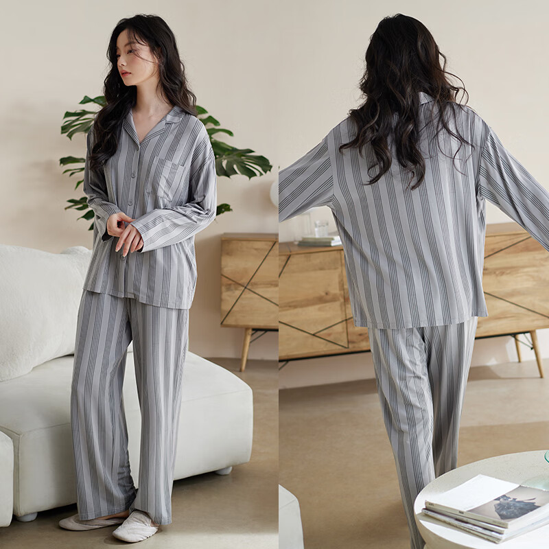 轩靓（XULEN）睡衣女春秋季莫代尔长袖26新款高级感冰丝凉感宽松家居服套装 64444云雾灰 L 建议体重100-120斤