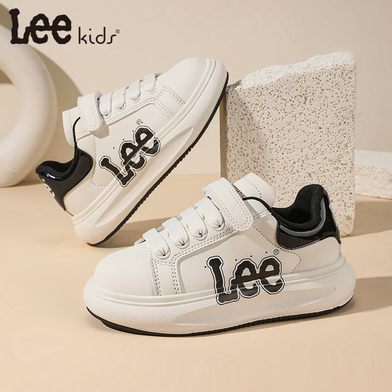 Lee童鞋春季新款儿童休闲运动鞋百搭跑步鞋女童小白板鞋男大童 米黑 32 【建议脚长192mm】