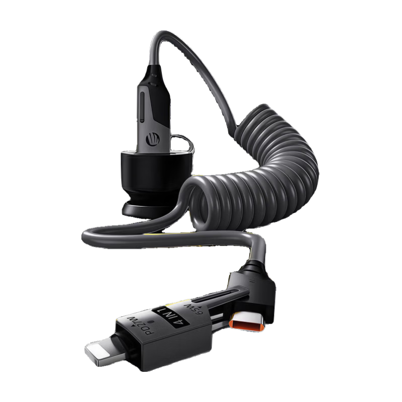 四合一弹簧数据线车载互联carplay大功率65W超级快充适用苹果15/16/17华为荣耀小米三星VIVO万能型 黑色 可拉至1.5米