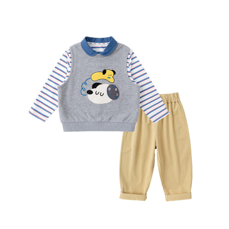 嘟嘟家儿童套装三件套春装男童马甲T恤裤子春装女童背心上衣长裤童装潮 奶黄色 100