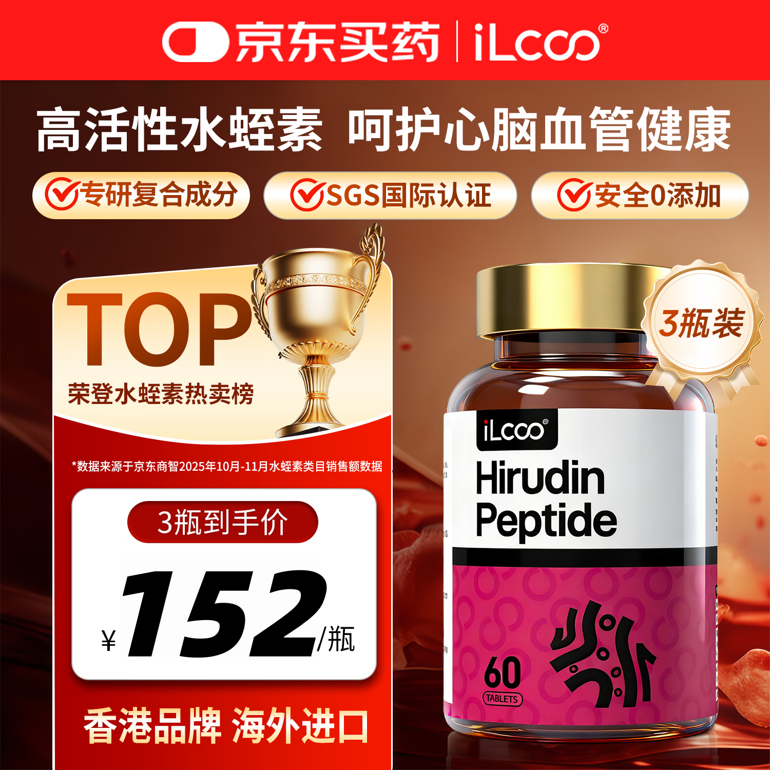 iLcoo水蛭素高活性肽纳豆激酶中老年心脑血管手脚麻木头晕脑胀问题健康 60粒*3瓶 (周期装&amp;心脑健康)