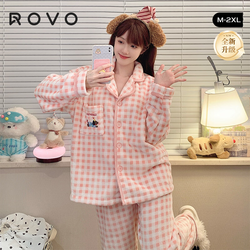 ROVO法兰绒睡衣女秋冬季加绒加厚保暖可外穿家居服套装 粉格腊肠狗【加厚法兰绒 加倍保暖】 L