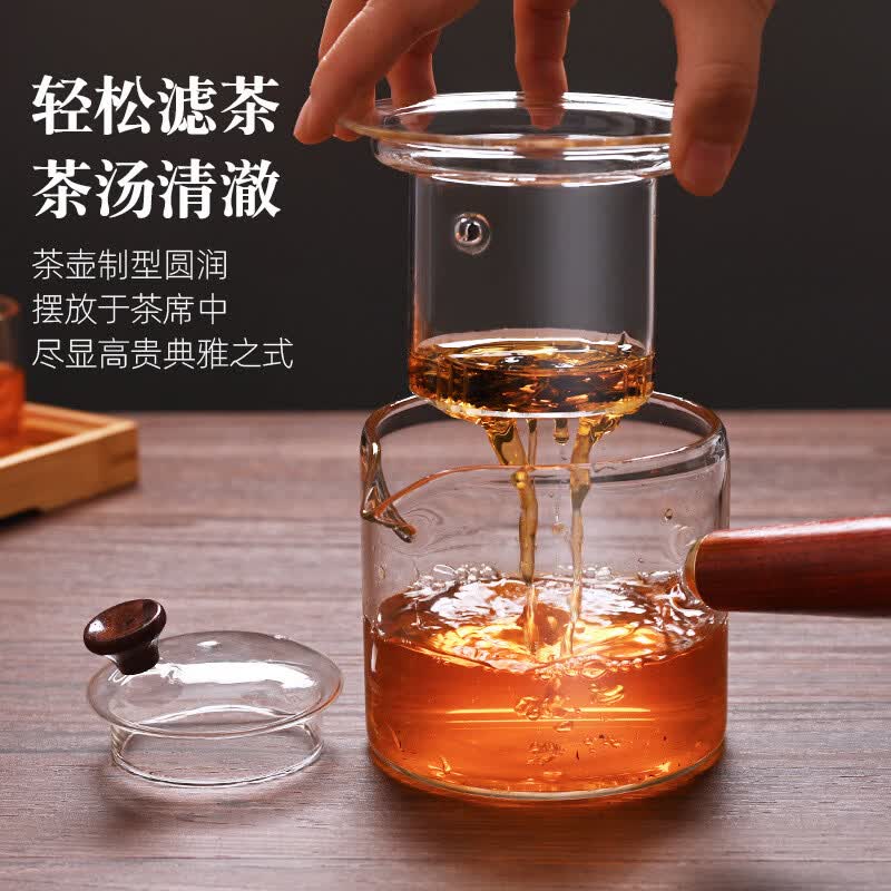 【厂家直销】现货高硼硅耐热加厚直觉侧把煮茶壶功夫茶具套装木把 透明直觉单壶