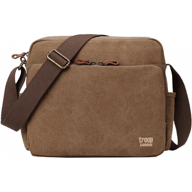 Troop男士单肩包多功能斜跨帆布包斜挎休闲男包多插袋潮包横款 K924棕色