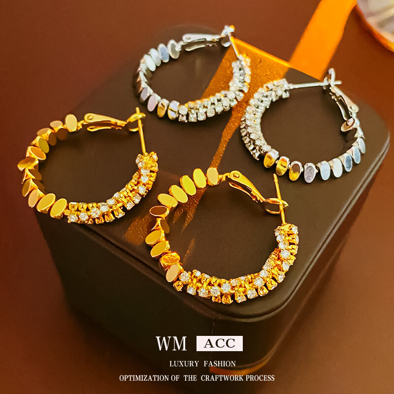 银针锆石拼接椭圆金属耳环冷淡风个性耳钉百搭时尚耳饰 银针-银色圆形