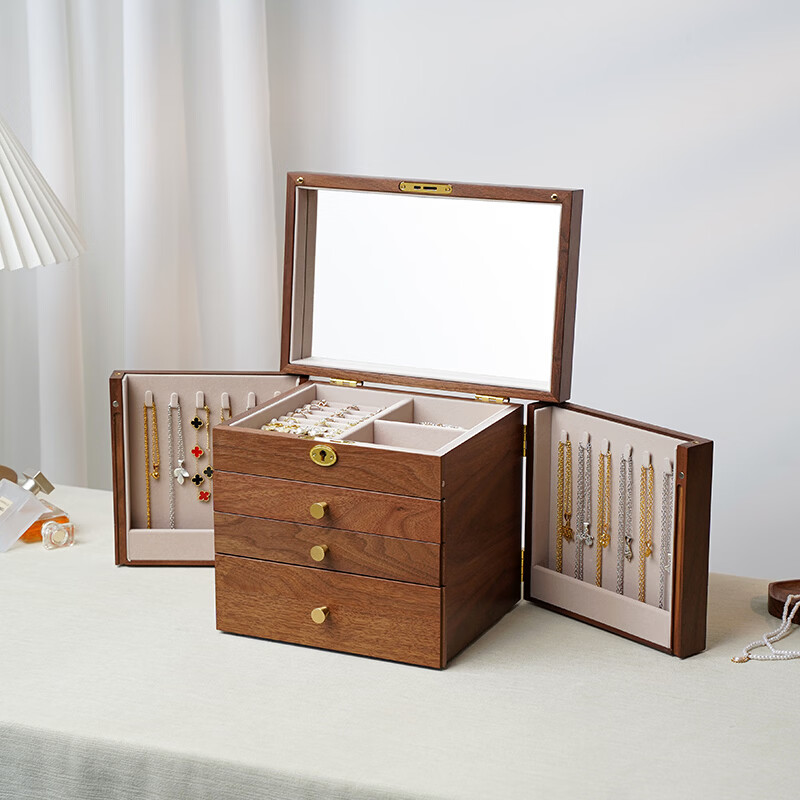 木久收纳盒木质梳妆台桌面带锁带镜饰品盒结婚五金珠宝木质首饰盒 四层首饰盒 【带锁带镜子】