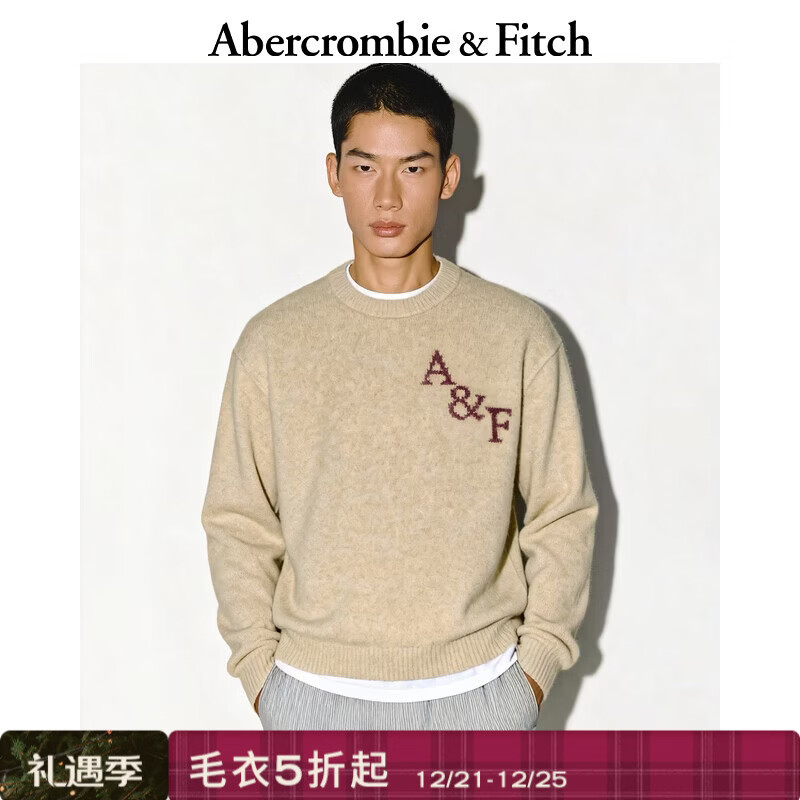 Abercrombie &amp; Fitch【经典LOGO】美式绒感保暖毛衣针织衫25秋冬男装120-5181圣诞 卡其色 XS (170/84A)