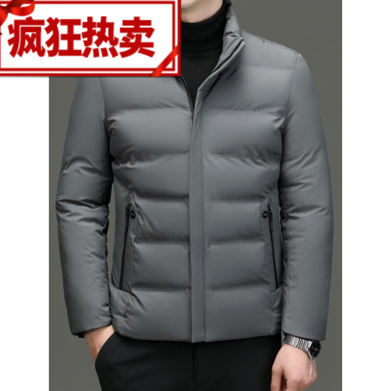 范西奢羽绒服男士冬季短款保暖中青年立领白鸭绒外套男装保暖防寒上衣服 灰色 均码 170
