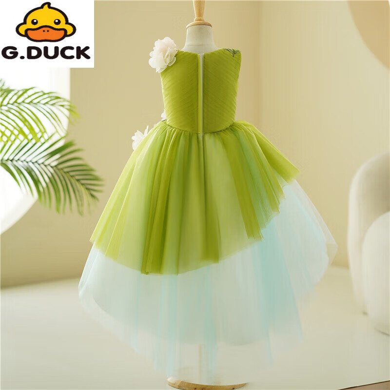 G.duck儿童公主裙走秀森系花仙子女童生日礼服主持人六一小女孩演出服夏 绿色送皇冠 150 cm