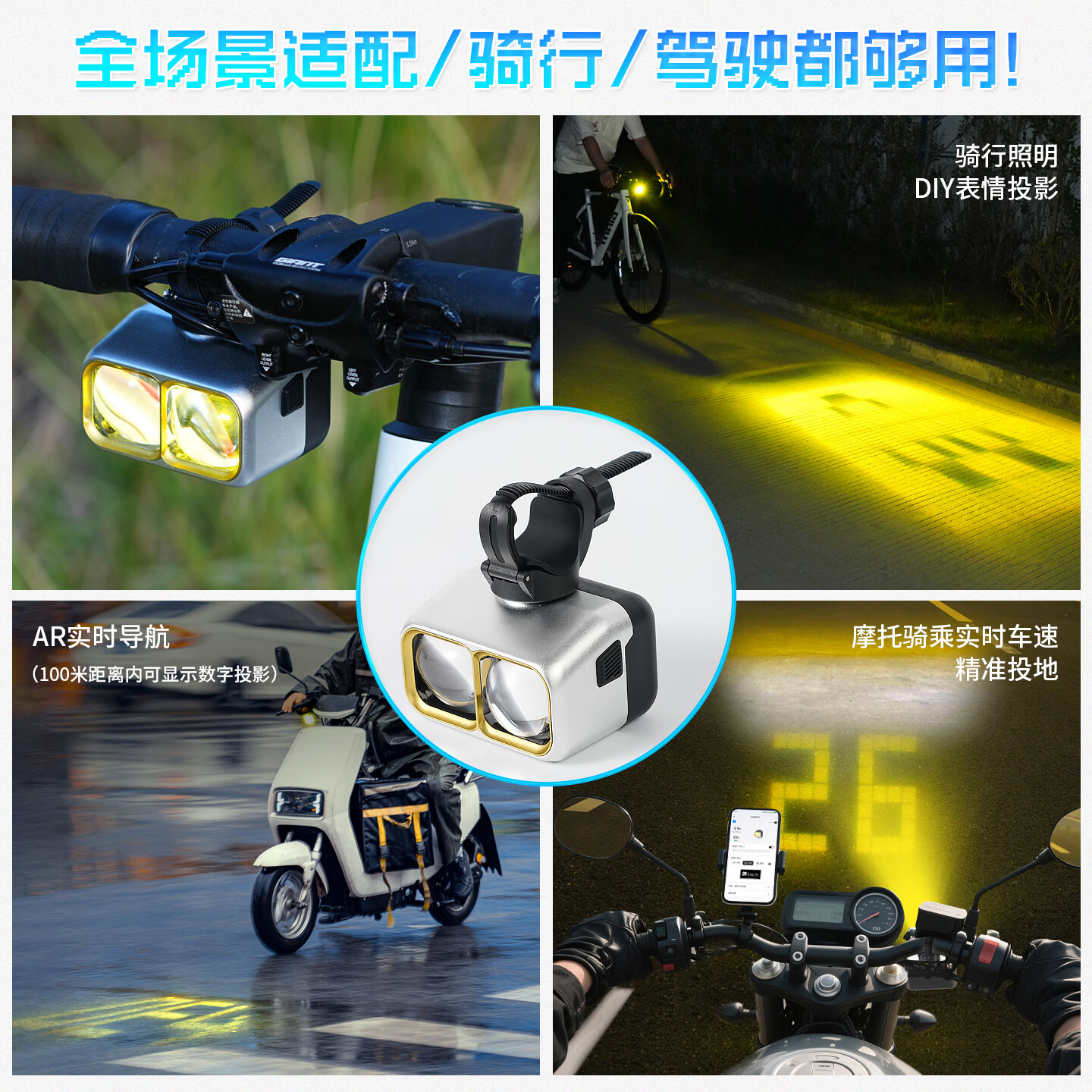 町涂智能像素自行车灯吊装远近光截止线夜骑DIY动画/导航/车速投影灯 双头