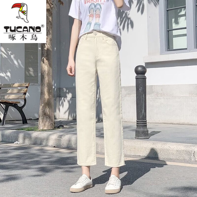 啄木鸟(TUCANO)牛仔裤女装春夏秋季新款韩版高腰韩版显瘦宽松百搭九分直筒烟管裤 白色 L 【106-116斤】